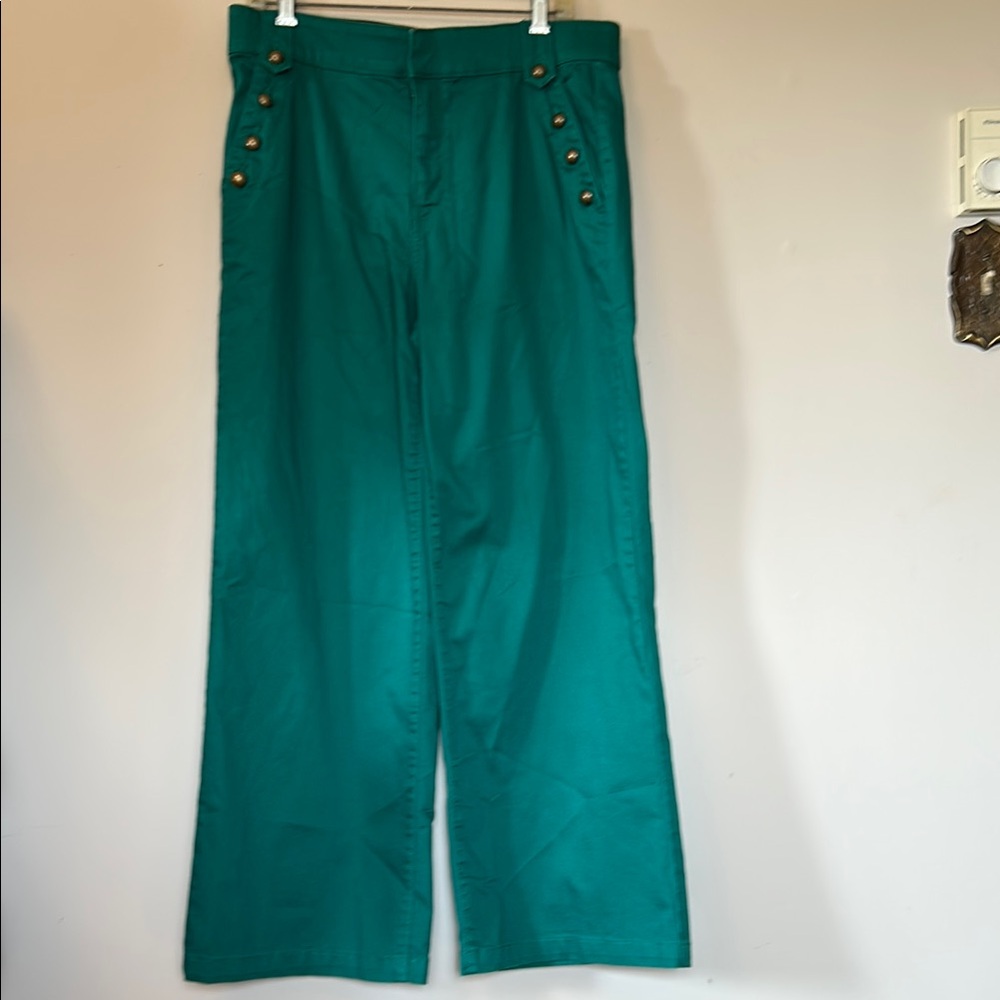 St Johns Bay wide leg green denim pants brass tone button trim front zip size 12